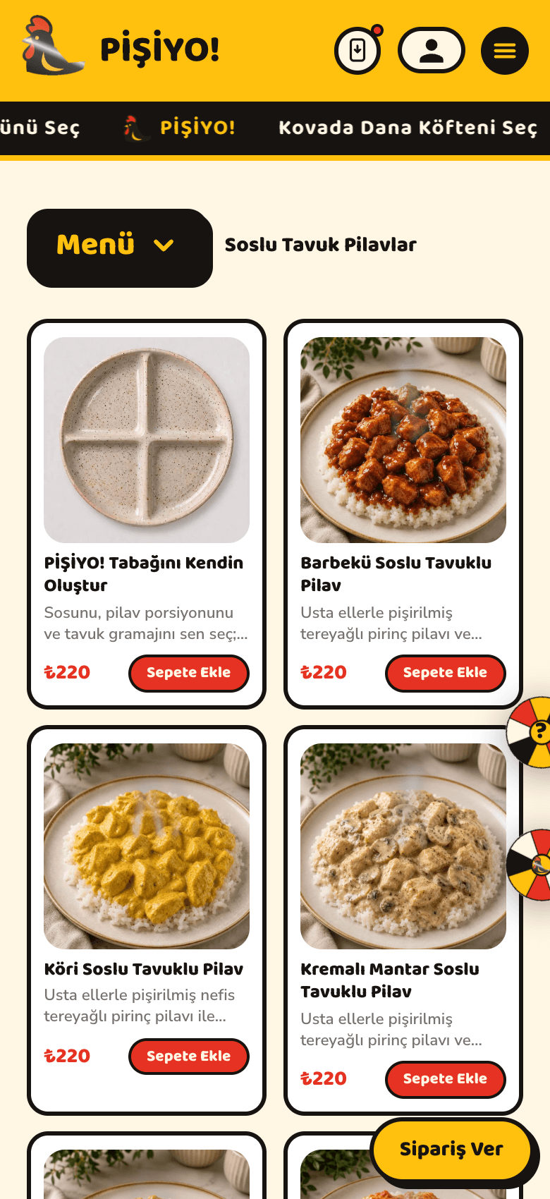 QR menü: maskot, kategoriler ve 'Sepete Ekle'