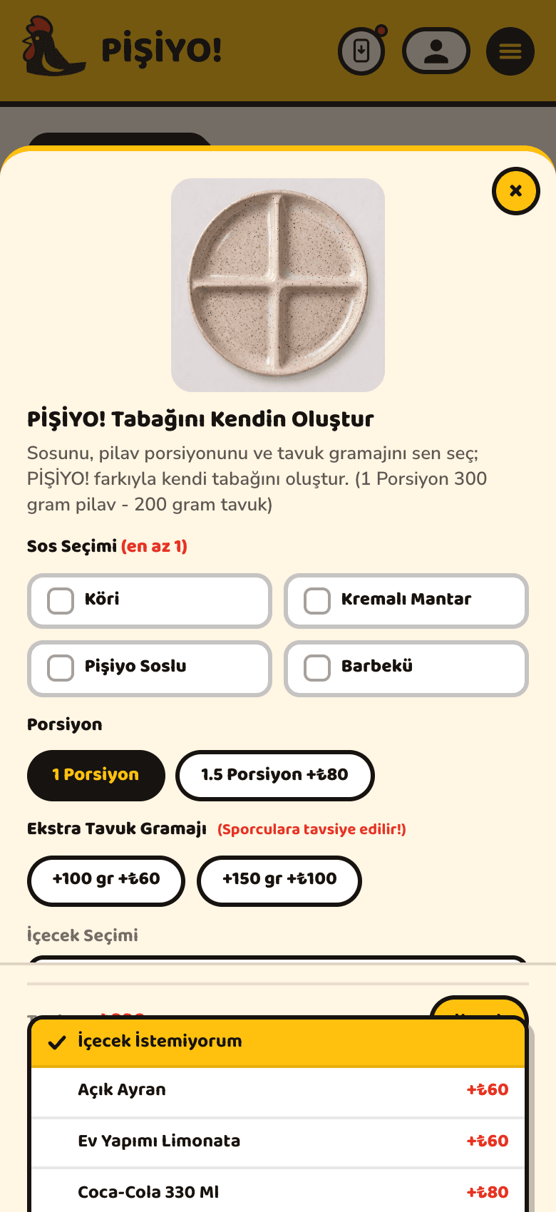 Kendi Tabağını Oluştur: sos, pilav ve gramaj seçimiyle özelleştirme