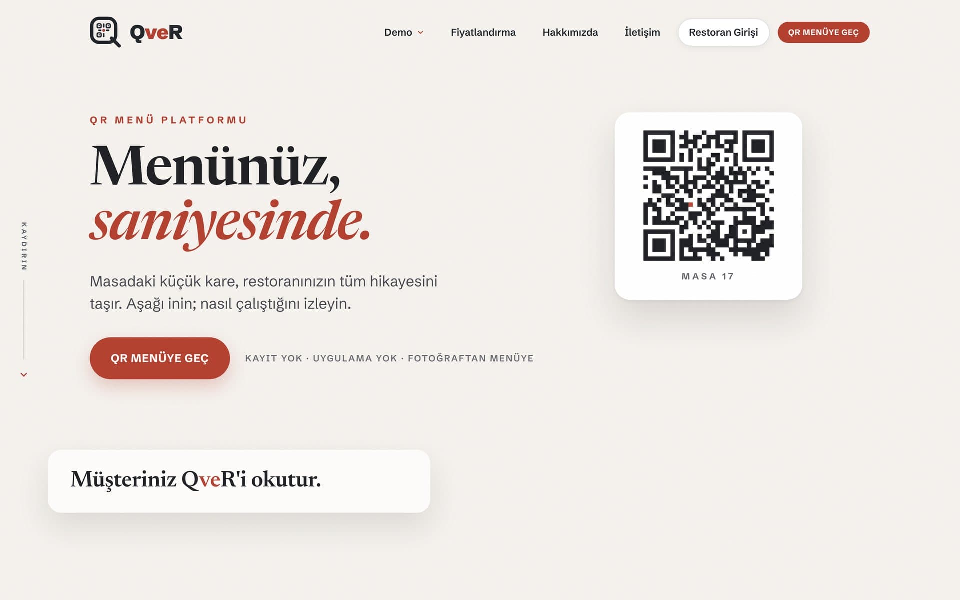 Ana sayfa: 'Menünüz, saniyesinde' hero ve baskı kalitesinde QR