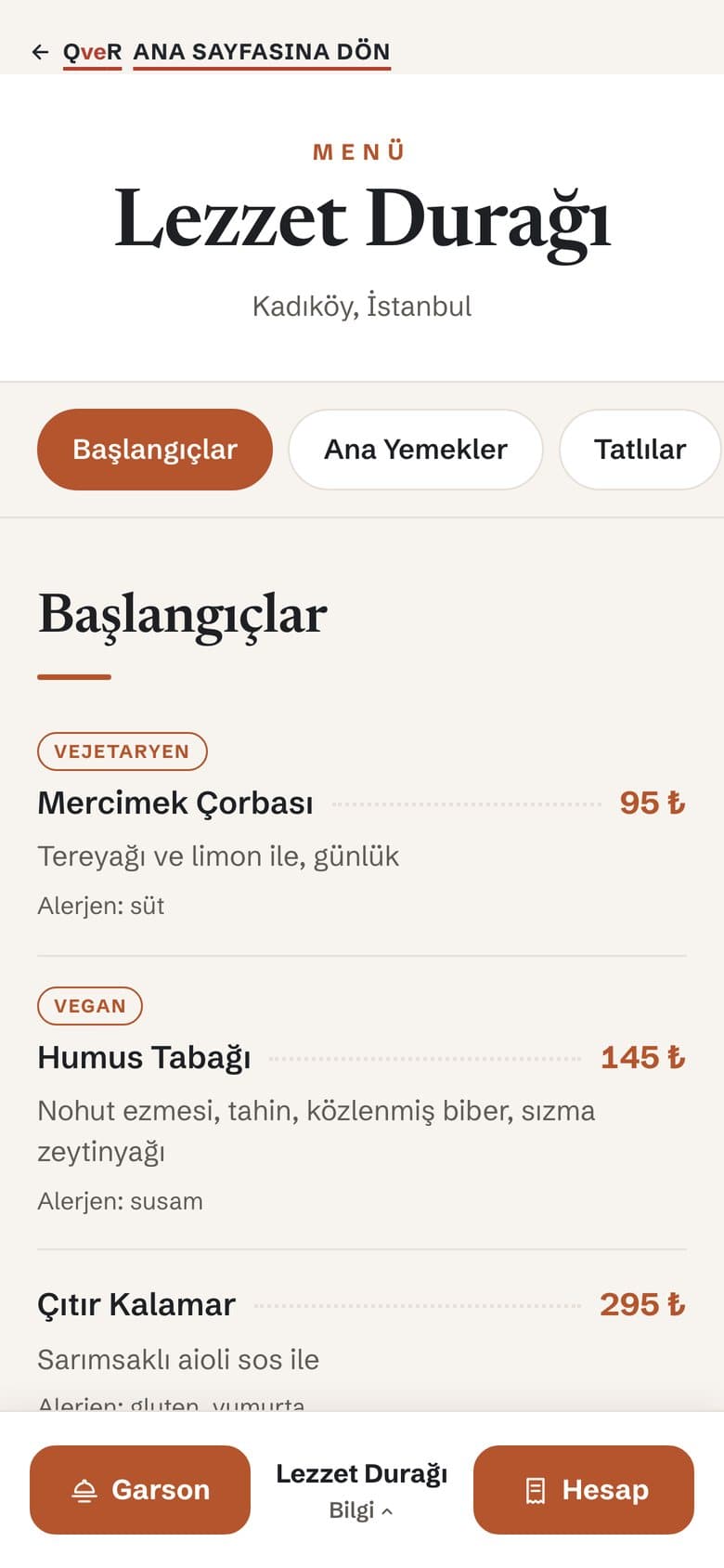 Telefonda canlı QR menü: kategori sekmeleri, diyet etiketleri, alerjenler ve garson/hesap çağır