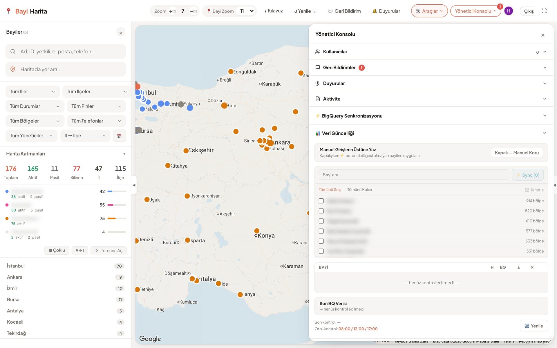 Veri güncelliği: bayi bazında BigQuery ve harita bölge karşılaştırması